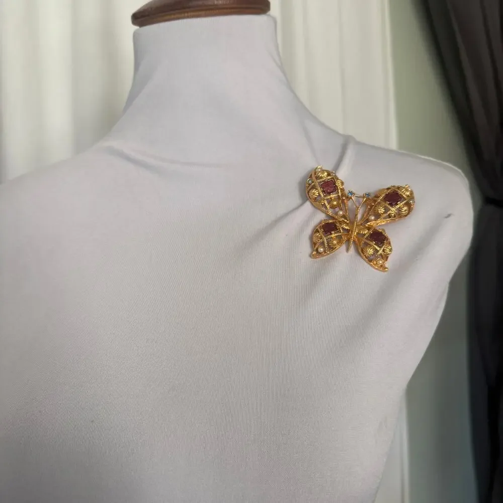Vintage 1970s Avon Gold Jeweled Boho Butterfly Brooch Pin - Picture 8 of 8